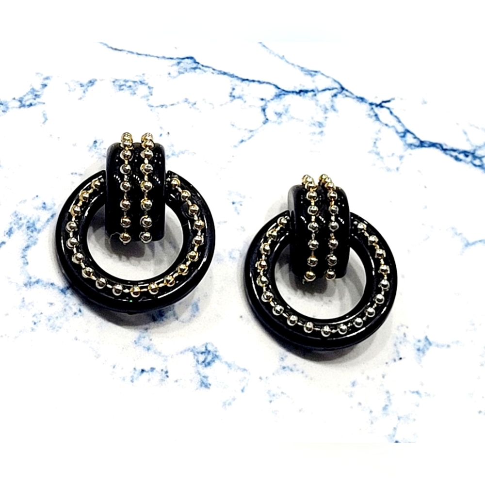 VINTAGE Black Circle Motif Clip-on earrings